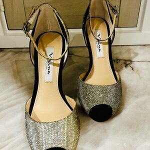 Nina Silver Peep-Toe Heels